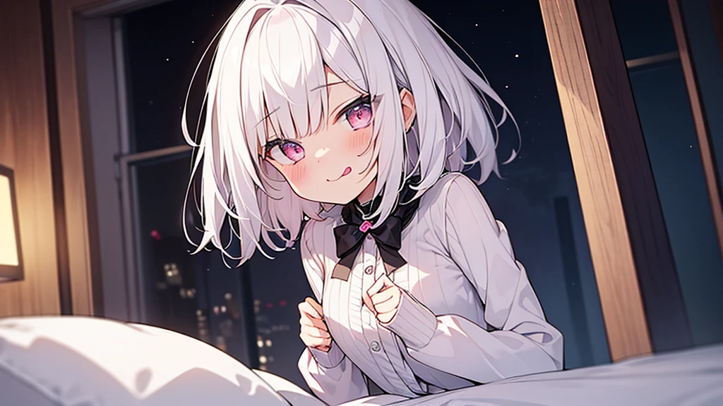 White Hair Girl、Pink Eyes、Short Hair、aloneの女の子、Night、In the bedroom、Blushing、laughing、Erotic、Stick your tongue out、alone