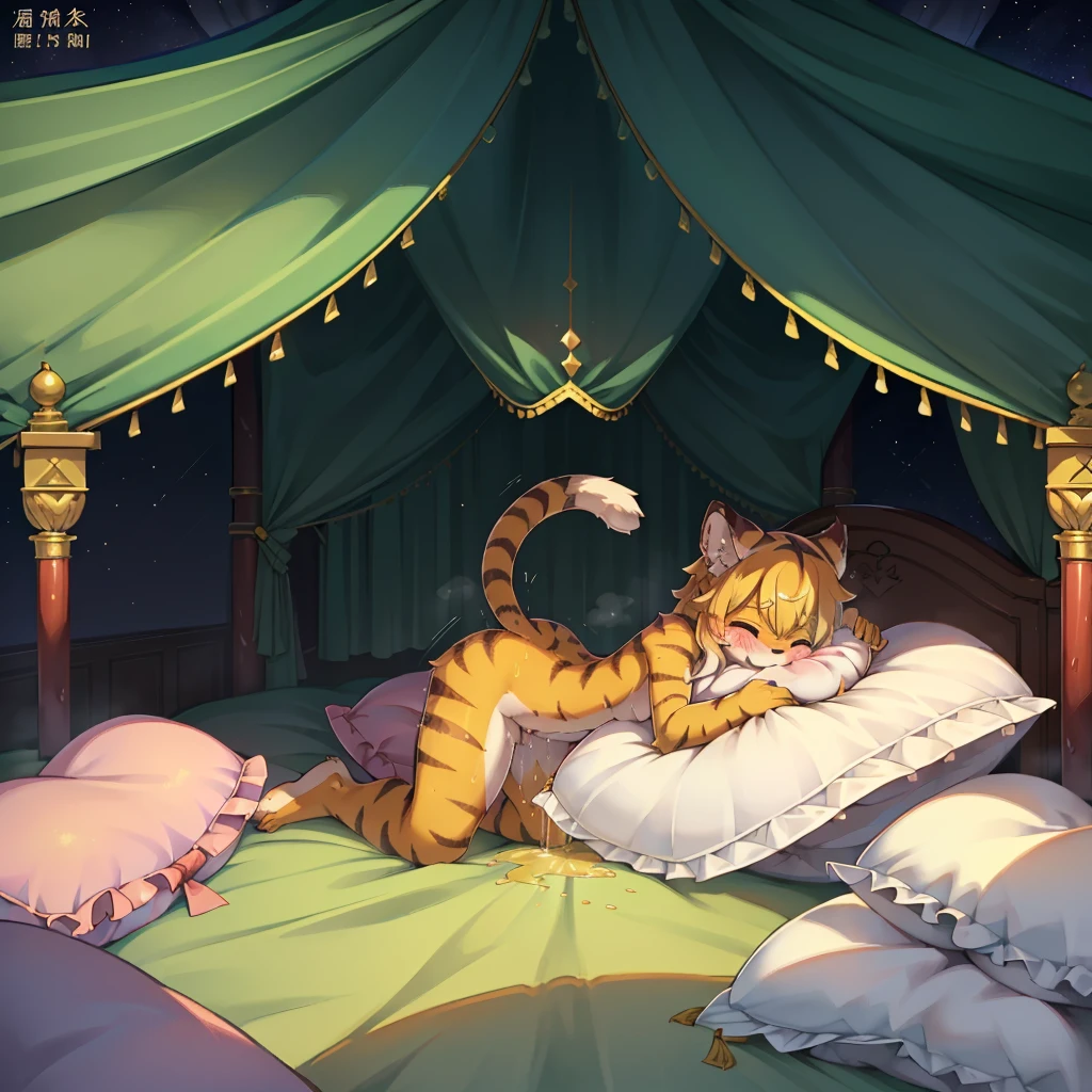 （masterpiece，best quality），my own, The Beast, , (适合任何Pillow背景的光影））, 穿着pajamas可爱女孩在Pillow上摆姿势 ，pajamas，Nature,, (blush),a smile，Pillow头,（很多Pillow），Soft cushion，，Soft pillow quotation，（Pillow损坏），很多Pillow，（Crotch rubbing），（（Pillow驼峰）），（Pillow），（A tail），，（粉色Pillow），（Love around the protagonist），Steam，（Pillow头），（），（豪华Pillow），（Pillow），（palace），（Palace bedroom），（Pillow），柔软的Pillow，，（Classical European style bedroom ），（excited，shy person，Lack of expressiveness，），，pillow humping,mia,tiger tail,tiger ears,Tiger pattern，，Sweat，，Sweaty，(Body swing，身体Shaking lines，Shaking lines)，best quality, masterpiece, ((Maximum resolution)), artwork, ，,,(Interior of the palace),(In the bedroom at night),(Deluxe Rococo Canopy King Bed),On a big and spacious bed,(the 女孩 is lying on the bed),Before bedtime,,,Luxurious curtains with ornate ruffles and ribbons surround the bed,((((There are many pillows piled on the bed)))),Detail of Quilt,Detailed bed sheets,Ruffled Bed Skirt,Deep Bed,Background with depth,((详细的Pillow)), ((((大量的Pillow))))，peeing，squatting，water,urine,Shaking lines，wetting pillows,Flowing liquid，Violent body shaking，剧烈Shaking lines，详细的软Pillow,,((女孩正躺在许多柔软的Pillow上,周围有许多Pillow))，Splashed liquid，Pillow和床上有水迹，caughtpeeing,Lots of liquids，urine everywhere