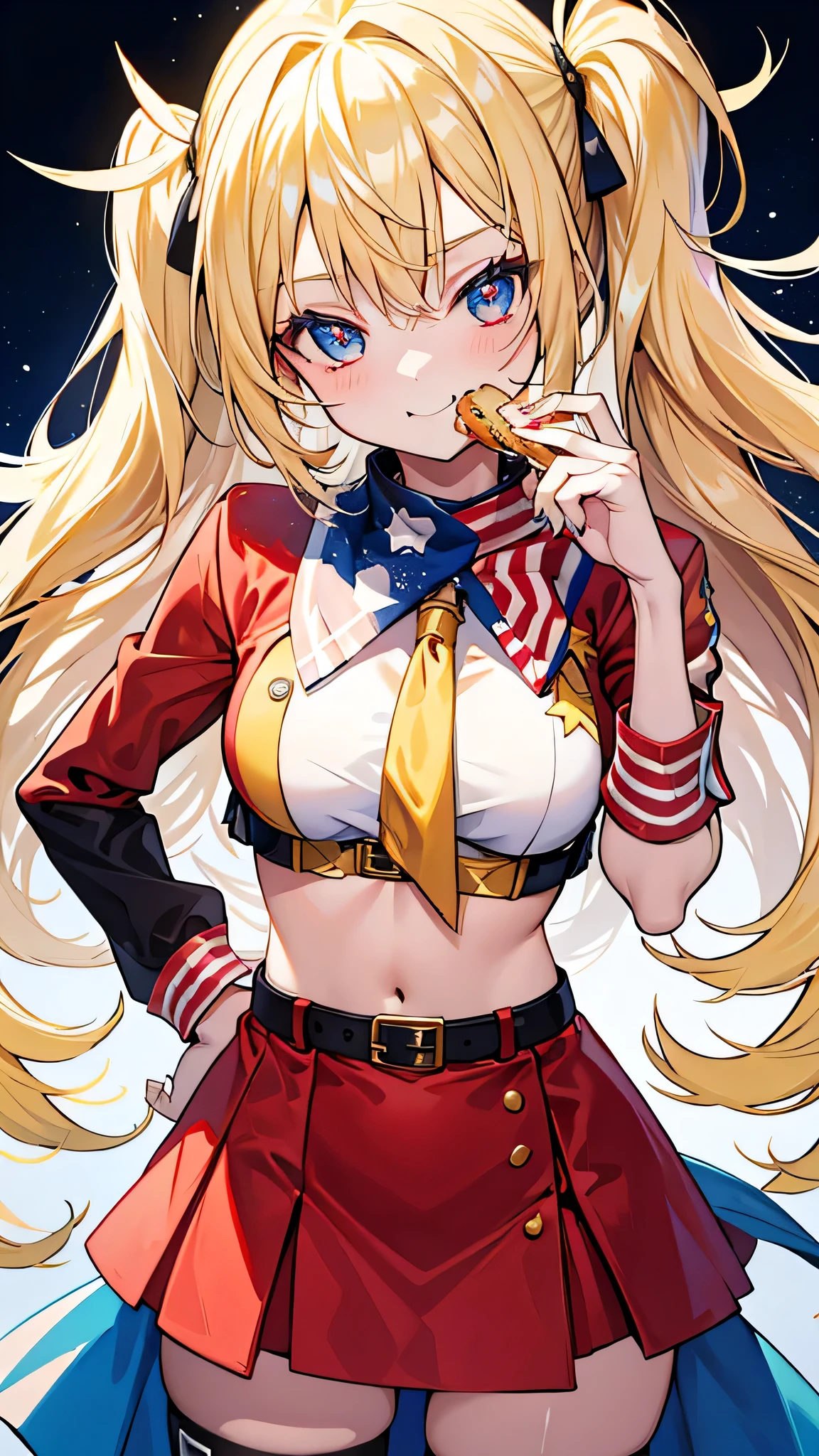 eating a hamburger cowgirl US flag fashion Vtuber style blonde hair 1girl glamorous pose master piece best quality ultra detailed