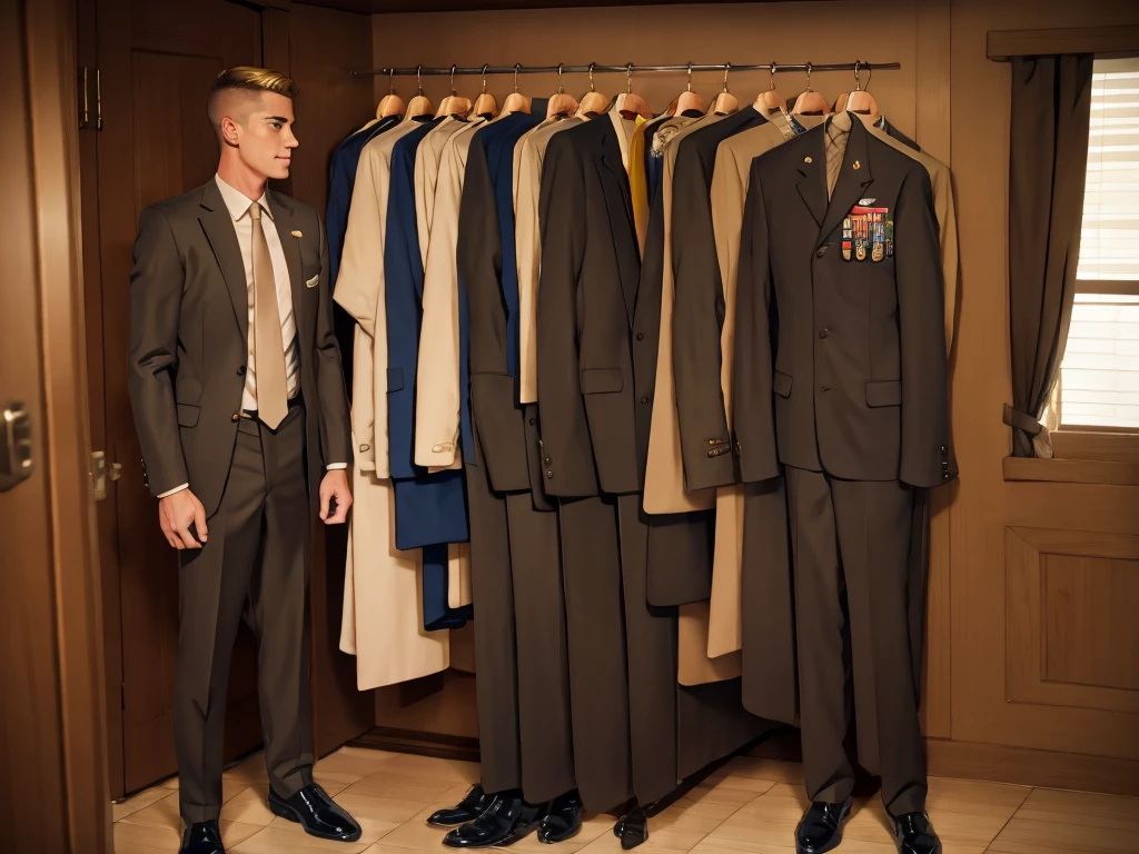 A handsome, muscular, blond 17-yes at the Navy SEAL dress uniform with awards hanging on a suit hanger on the floor and masturbates.
Biection, boner.
