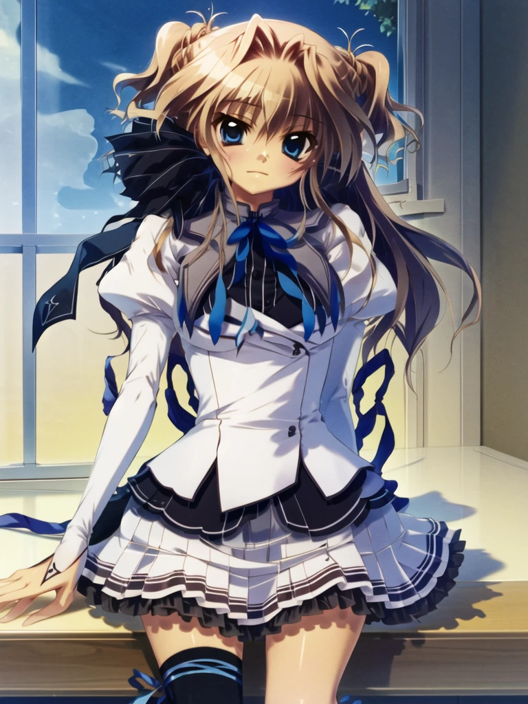 masterpiece, highest quality, High resolution, One girl, alone, Long Hair, Blonde Hair, Both sides up, (Hair Ribbon:1.1), blue eyes, Neck ribbon, , White jacket, Juliet Sleeve, Long sleeve, White Skirt, Thigh ribbon, Black knee socks, Sitting, bench,