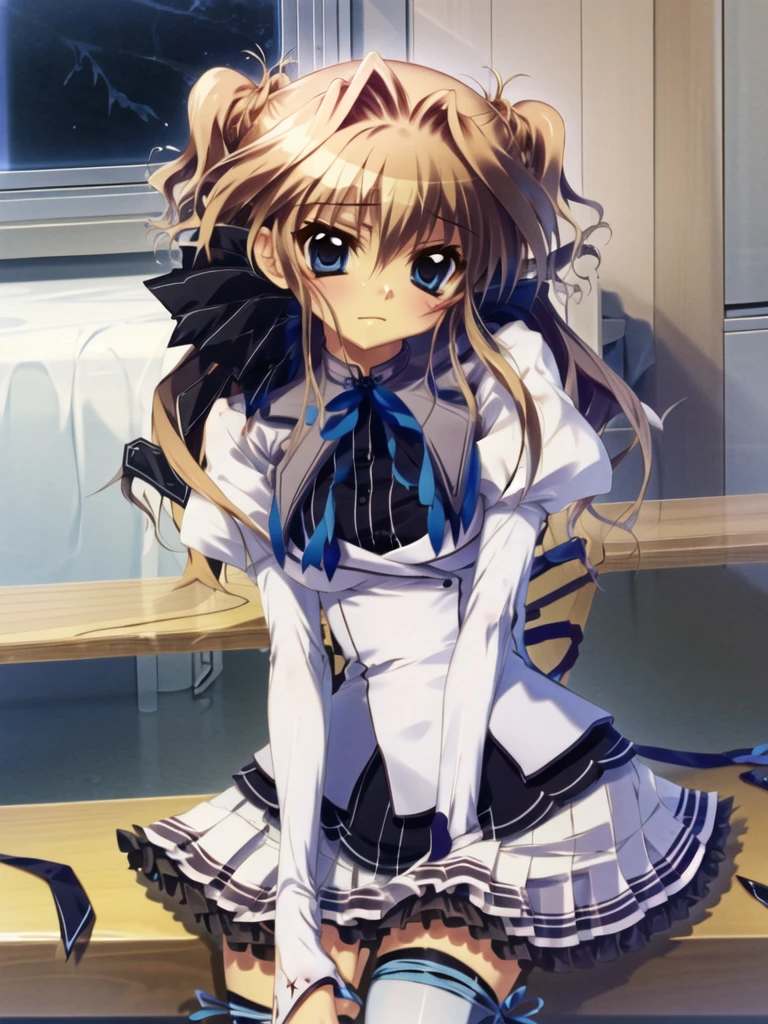 masterpiece, highest quality, High resolution, One girl, alone, Long Hair, Blonde Hair, Both sides up, (Hair Ribbon:1.1), blue eyes, Neck ribbon, , White jacket, Juliet Sleeve, Long sleeve, White Skirt, Thigh ribbon, Black knee socks, Sitting, bench,