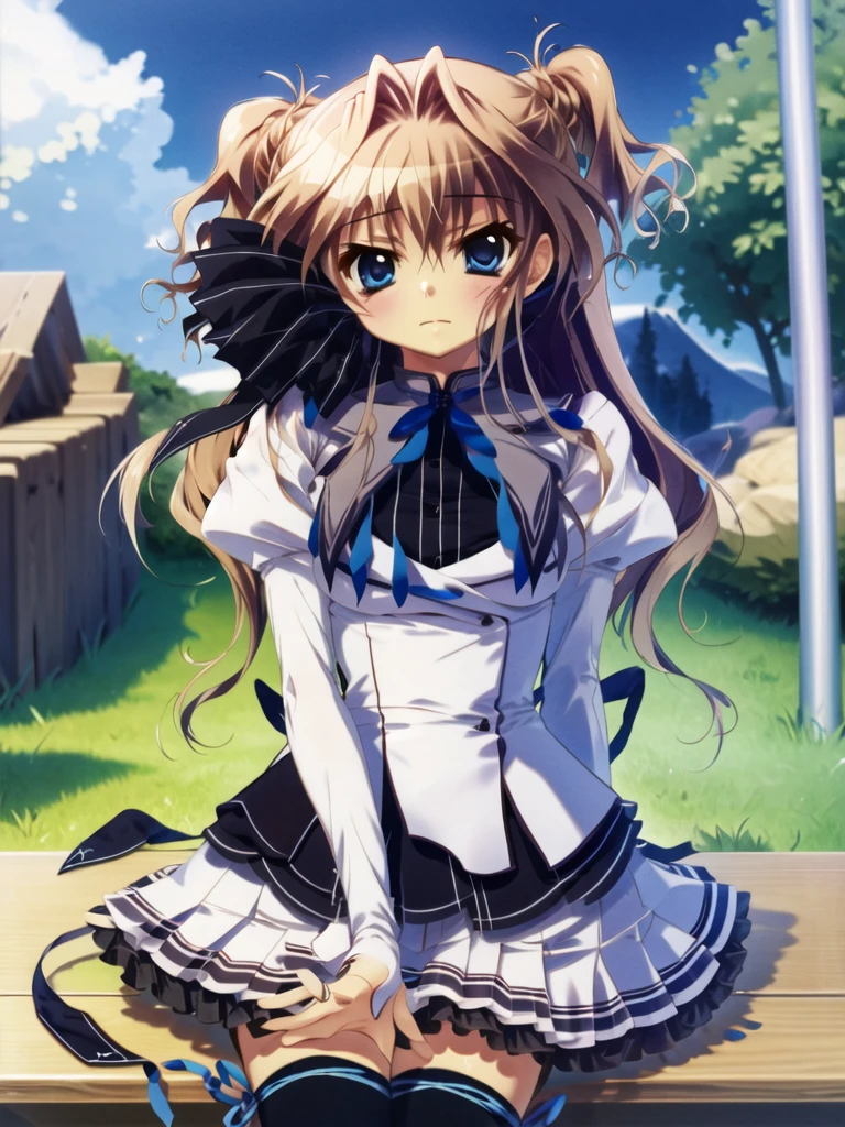 masterpiece, highest quality, High resolution, One girl, alone, Long Hair, Blonde Hair, Both sides up, (Hair Ribbon:1.1), blue eyes, Neck ribbon, , White jacket, Juliet Sleeve, Long sleeve, White Skirt, Thigh ribbon, Black knee socks, Sitting, bench,
