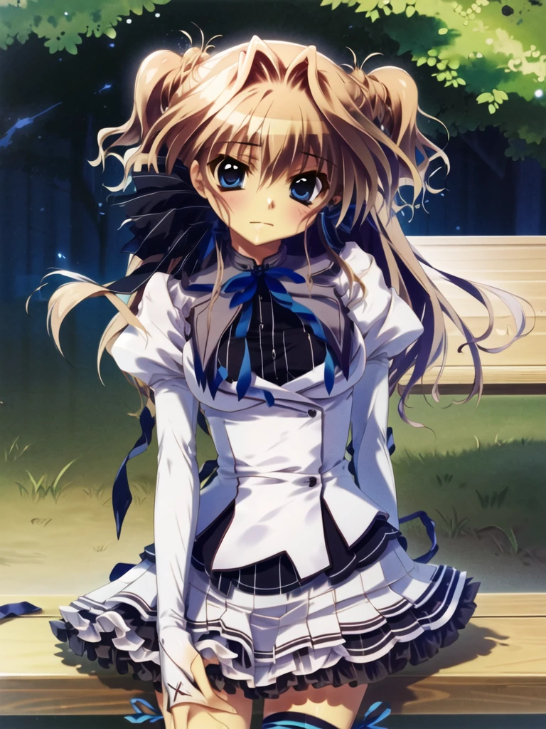 masterpiece, highest quality, High resolution, One girl, alone, Long Hair, Blonde Hair, Both sides up, (Hair Ribbon:1.1), blue eyes, Neck ribbon, , White jacket, Juliet Sleeve, Long sleeve, White Skirt, Thigh ribbon, Black knee socks, Sitting, bench,