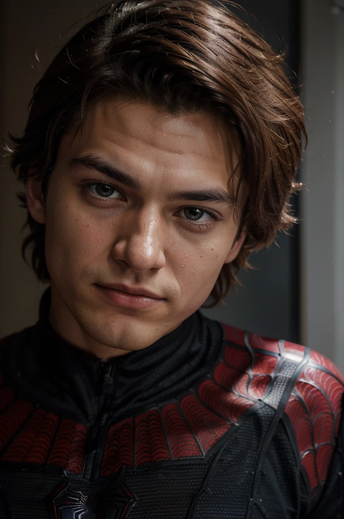 A photograph of spider man, no mask, 20 yo, handsome, detailed face, looking at camera, portrait, 8k uhd, high quality