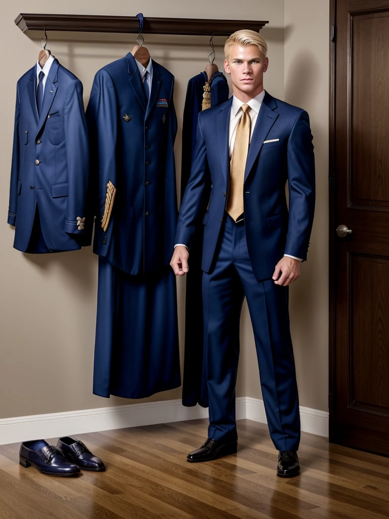 A handsome, muscular, naked blond 17-year-old looks at the Navy SEAL dress uniform with awards hanging on a suit hanger on the floor and masturbates.
Big dick, erection, boner.