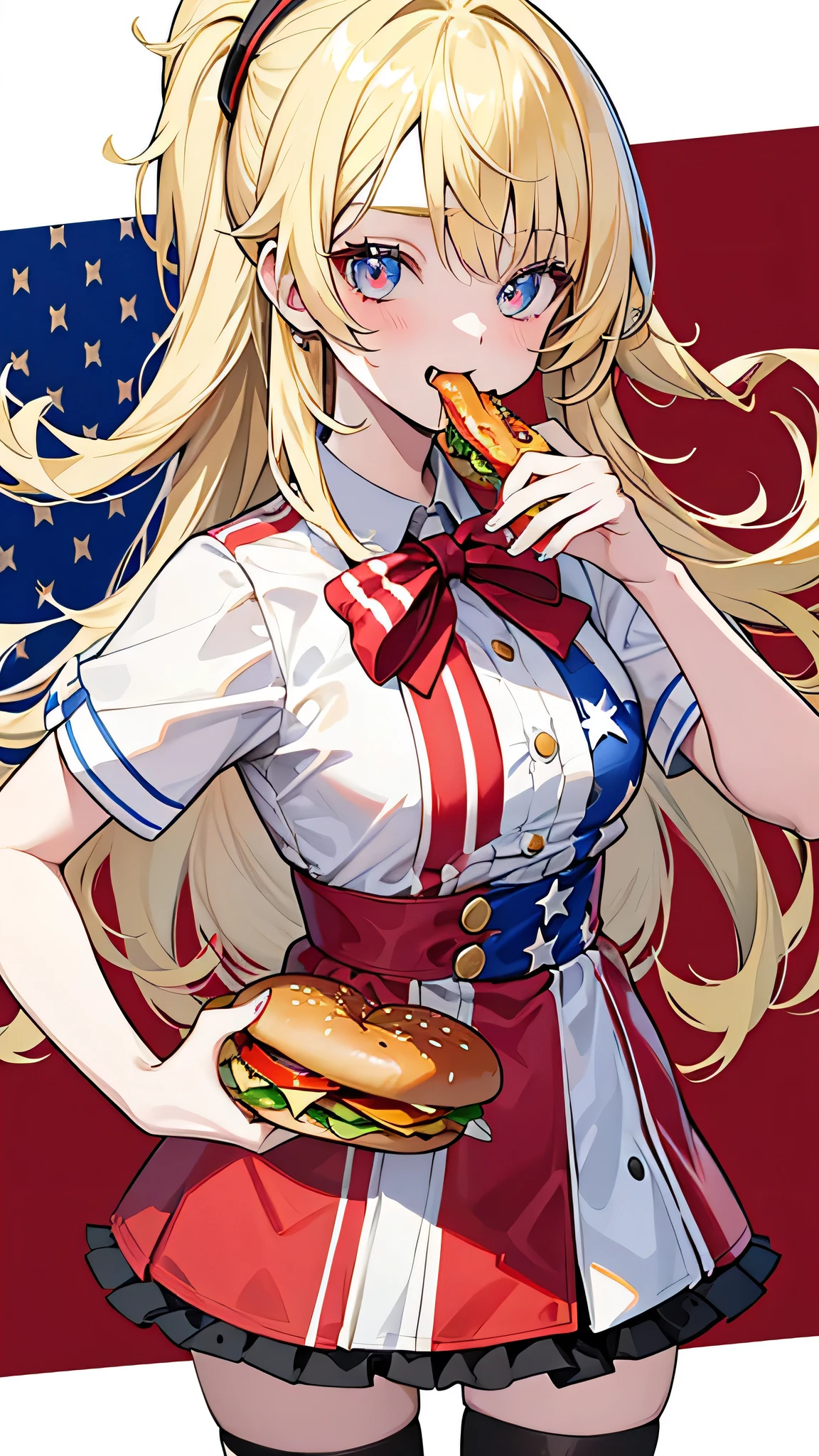  eating a hamburger cowgirl US flag fashion Vtuber style blonde hair 1girl glamorous pose master piece best quality ultra detailed 