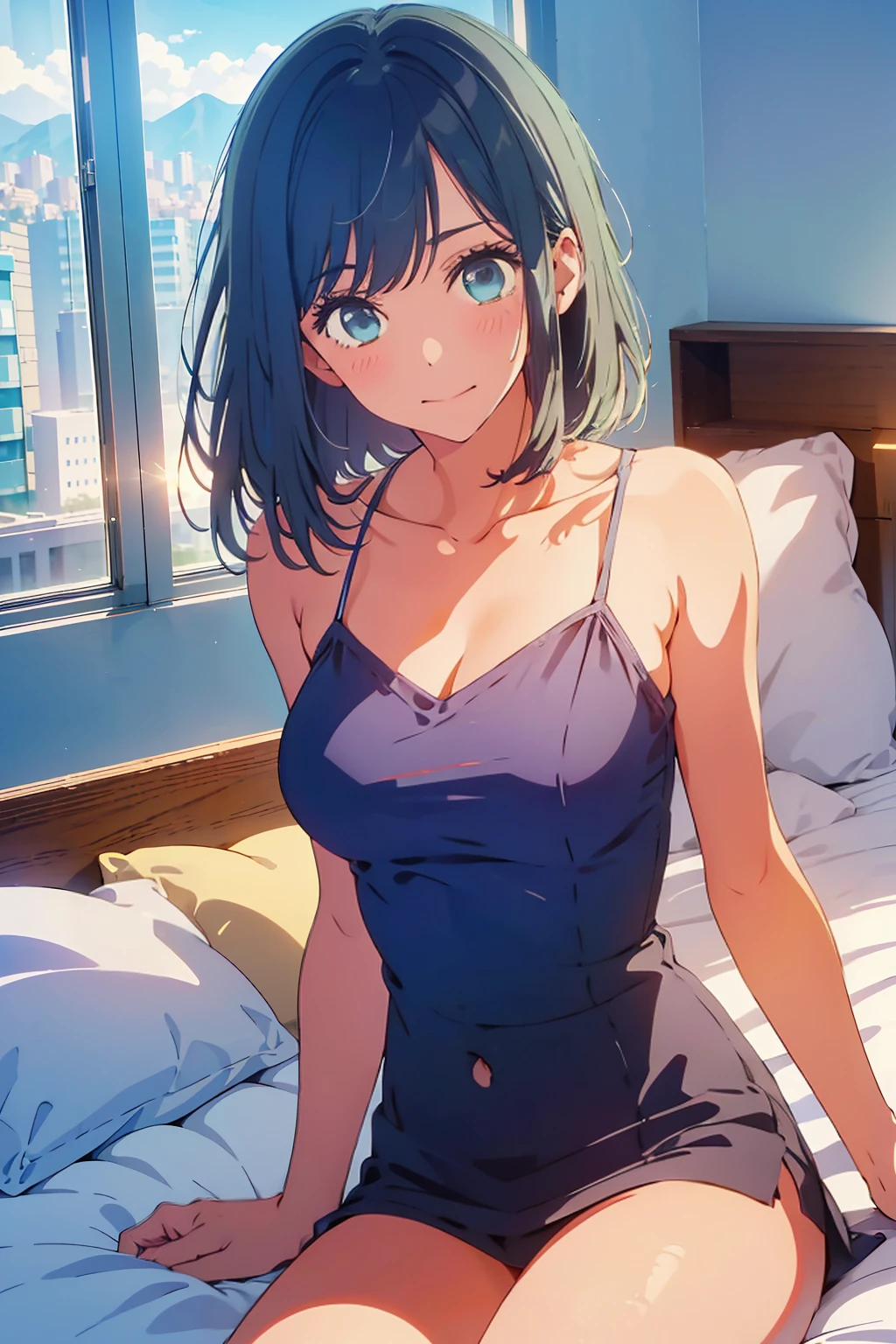highest quality,8k,detailed,F cup bust、Very cute face、Beautiful thighs、Best Beautiful Legs、Slim and beautiful arms、Slim body、White skin、((((1 person、camisole、Sunlight on the body、On the bed、Lying in bed、looking at the camera、smile、smile、Tokyo buildings in the background、Hotel room))))、I can see the deep blue sky、The atmosphere is bright and lively、The woman is at the center of the image。