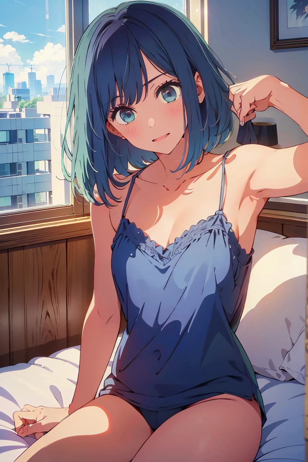 highest quality,8k,detailed,F cup bust、Very cute face、Beautiful thighs、Best Beautiful Legs、Slim and beautiful arms、Slim body、White skin、((((1 person、camisole、Sunlight on the body、On the bed、Lying in bed、looking at the camera、smile、smile、Tokyo buildings in the background、Hotel room))))、I can see the deep blue sky、The atmosphere is bright and lively、The woman is at the center of the image。