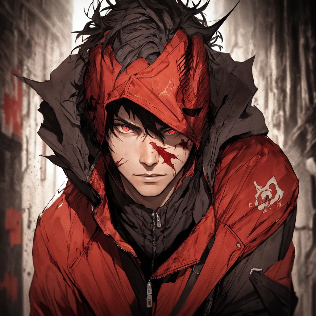 (dark shot: 1.1), epic realistic, 1male, battle scars, a sleek black jumpsuit, with a cool leather jacket, dark crimson red eyes, short spikey hair, red hood outlaw from dc, black and red color scheme, grunge aesthetics!!! graffiti tag wall background, art by Greg Rutkowski and artgerm, soft cinematic light, Adobe Lightroom, darkroom, HDR, intricate, highly detailed, (depth of field: 1.4), faded, (neutral colors: 1.2), (hdr: 1.4), (muted colors: 1.2), hyper-detail (artstation: 1.4), cinematic, warm light, dramatic light (complex details: 1.1)