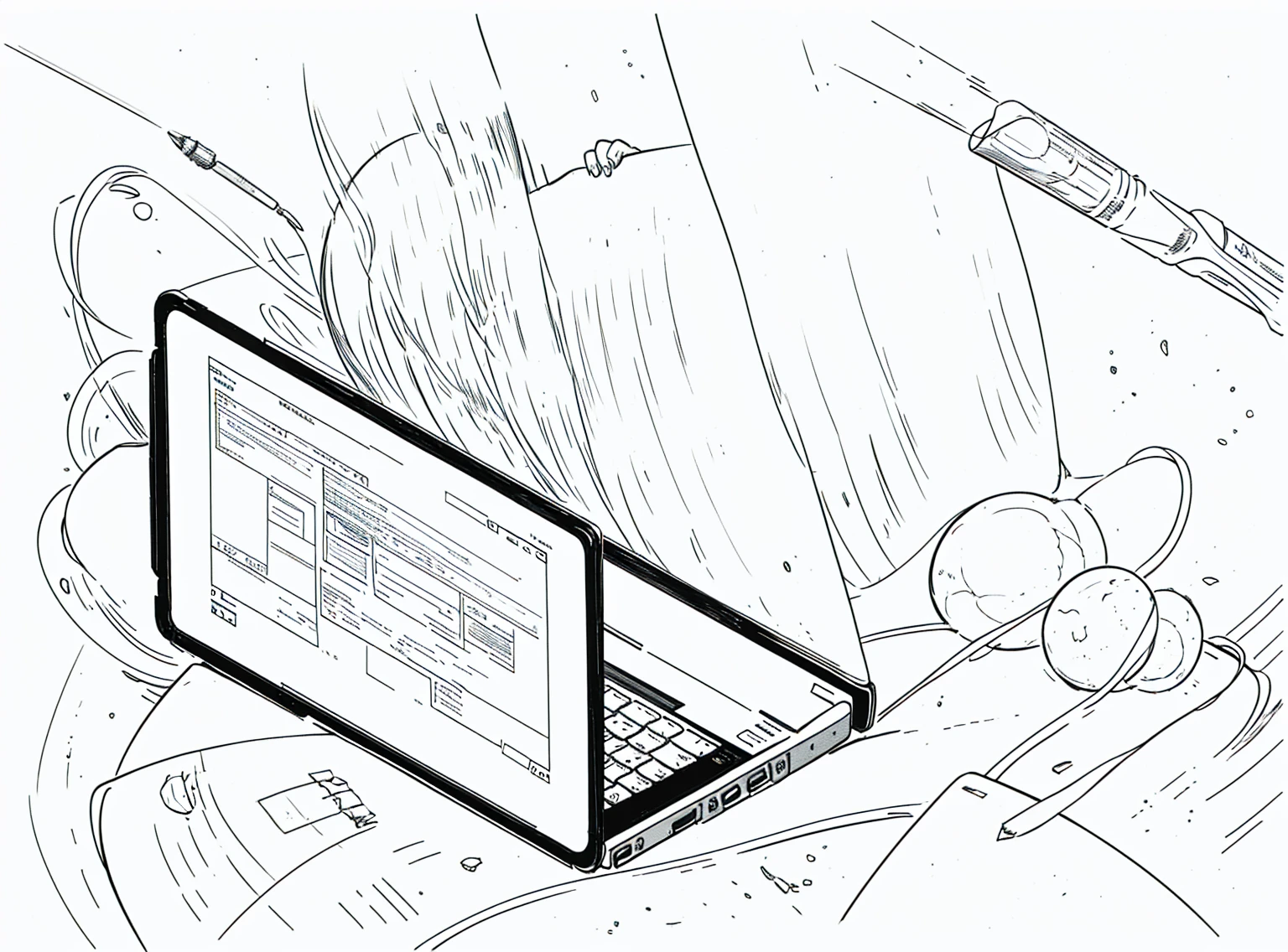 A laptop，，sketch，钢笔sketch，Loose brushstrokes，Use a pen to draw delicate lines，Flow Action，Subtle ink shades，