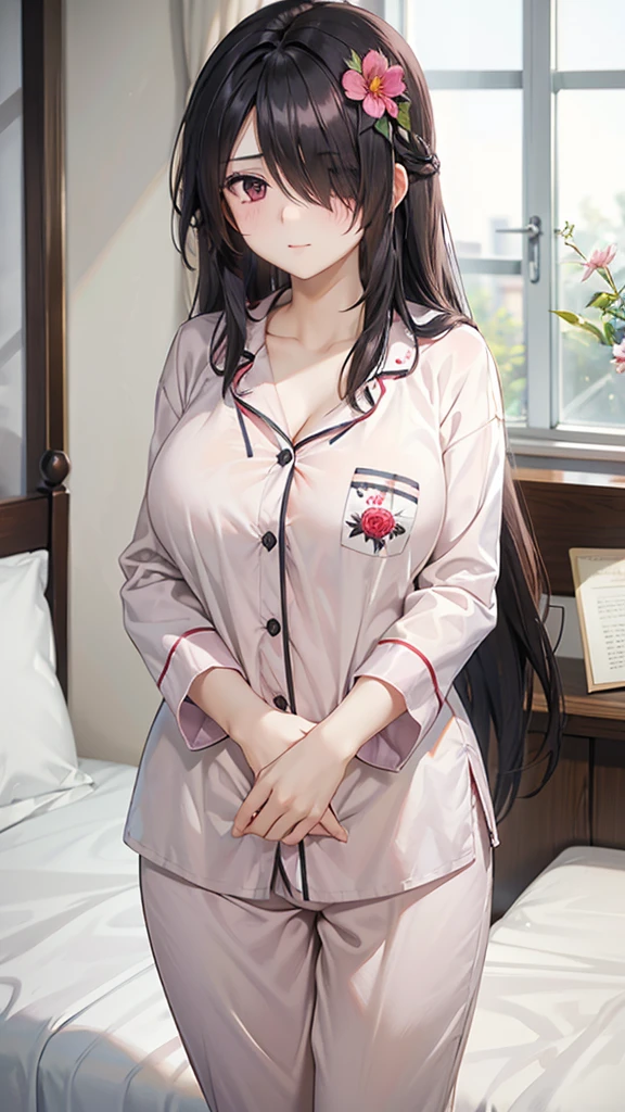 1girl, mature women,perfect ,black hair, long hair, (hair over one eye:1.4), messy hair, hair between eyes, chubby,saggy breast, flower motif pajama, cute shy blush on , bedroom 