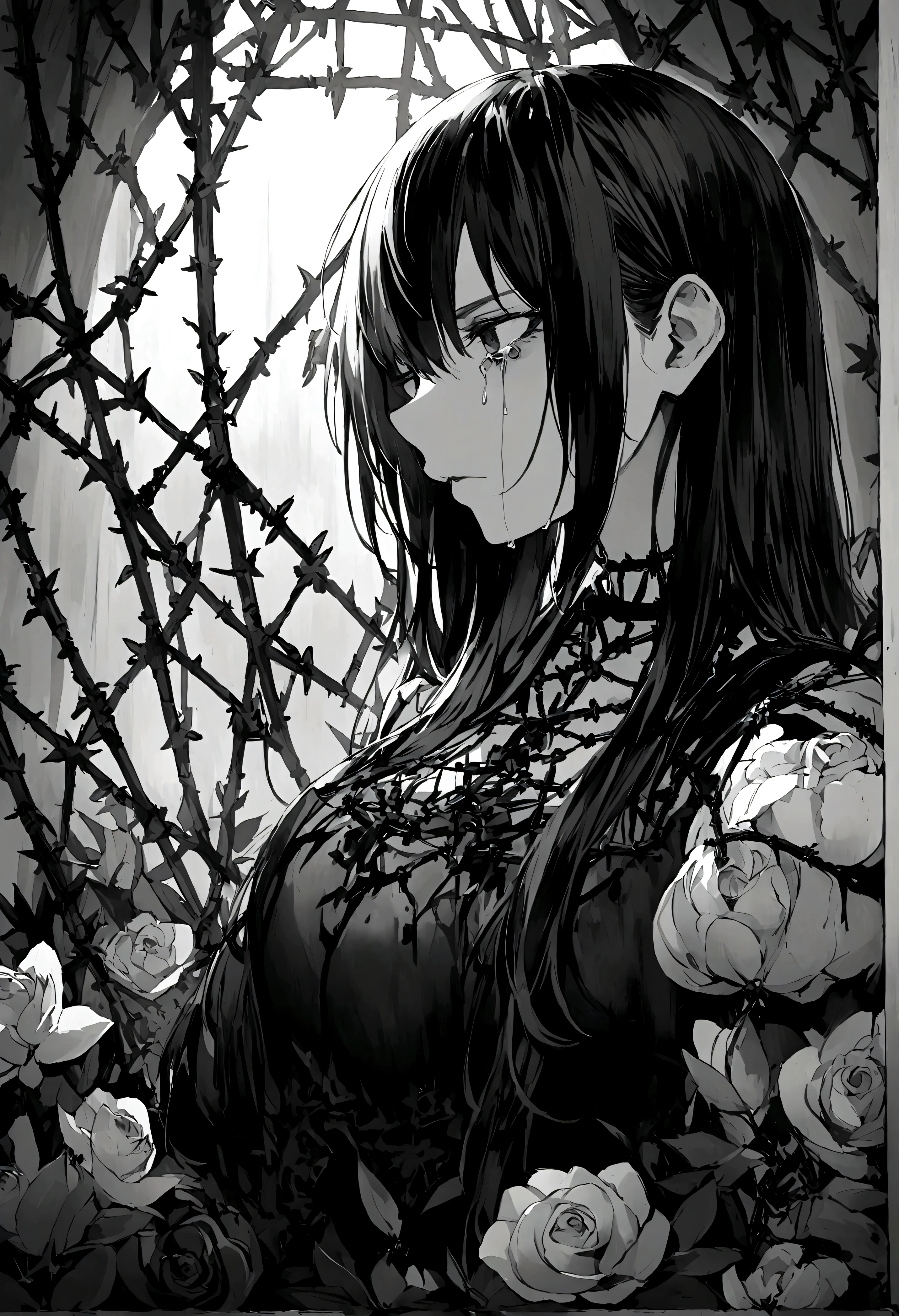 garota and roupas cybersigilism gotica, and (Barbed wire through the body) cabelo preto and pontas branca，1 girl，Black Tears，Black and white