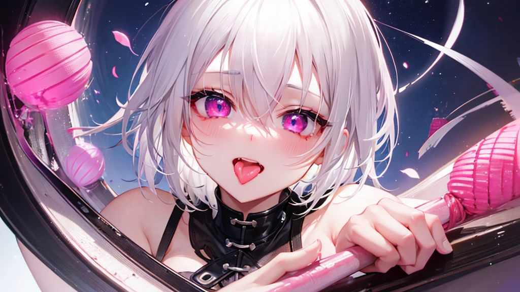 White Hair、Pink Eyes、Short Hair、laughing、Only one girl、alone、Cute、Face is close、Night、laughing、At the bed、Blushing、Erotic、Stick your tongue out、Only one person