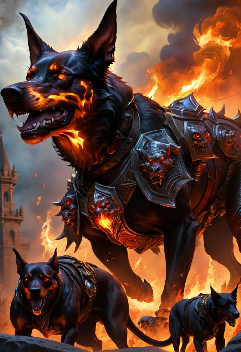 Hell hounds are cruel, intelligent hunters, particularly dangerous in packs. They are tireless trackers. Fire giants are natural allies, at least until the giant makes the mistake of treating the hell hound as a pet.
Small knights who revere Asmodeus or another archdevil can use hell hounds as mounts.
Disturbingly, there is a process by which common dogs can be slowly transformed into hell hounds. By feeding the animal a diet of cambion blood and sinister alchemical supplements, the hound slowly becomes more vicious as it gains fiendish qualities.
A typical hell hound stands 4–5 feet tall at the shoulder and weighs 120 pounds. Efficient hunters, a favorite pack tactic is to surround prey quietly, then attack with one or two hounds, driving prey toward the rest of the pack with their fiery breath. If the prey doesn’t run, the pack closes in. Hell hounds track fleeing creatures relentlessly. Hell hounds are particularly favored by fire giants, as the creatures are immune to fire and share the fire giant’s sense of cruelty when it comes to handling intruders. Only when a fire giant goes too far toward treating a relatively intelligent hell hound like a pet do such alliances begin to falter. ((best quality, masterpiece, representative work, official art, professional, ultra intricately detailed, 8k)) ((very realistic))
