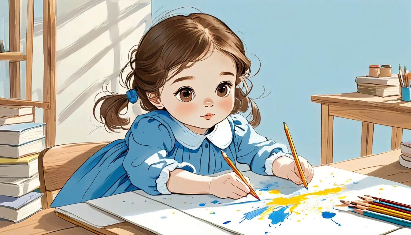 a small girl with brown hair, brown eyes, blue long-sleeved dress, hand drawing illustration j_drawing