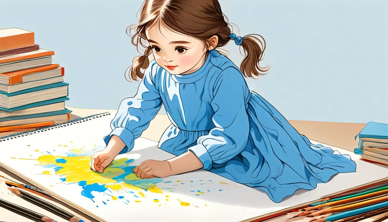 a small girl with brown hair, brown eyes, blue long-sleeved dress, hand drawing illustration j_drawing