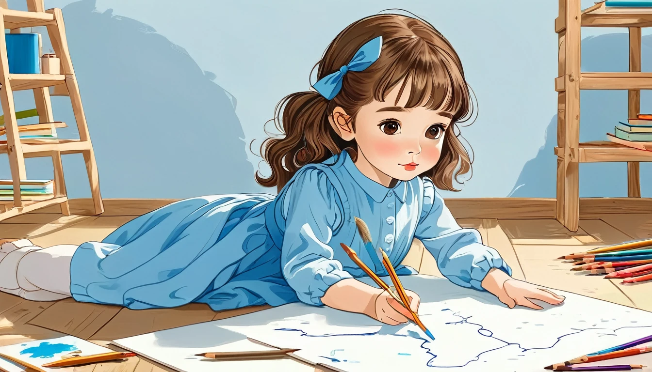 a small girl with brown hair, brown eyes, blue long-sleeved dress, hand drawing illustration j_drawing