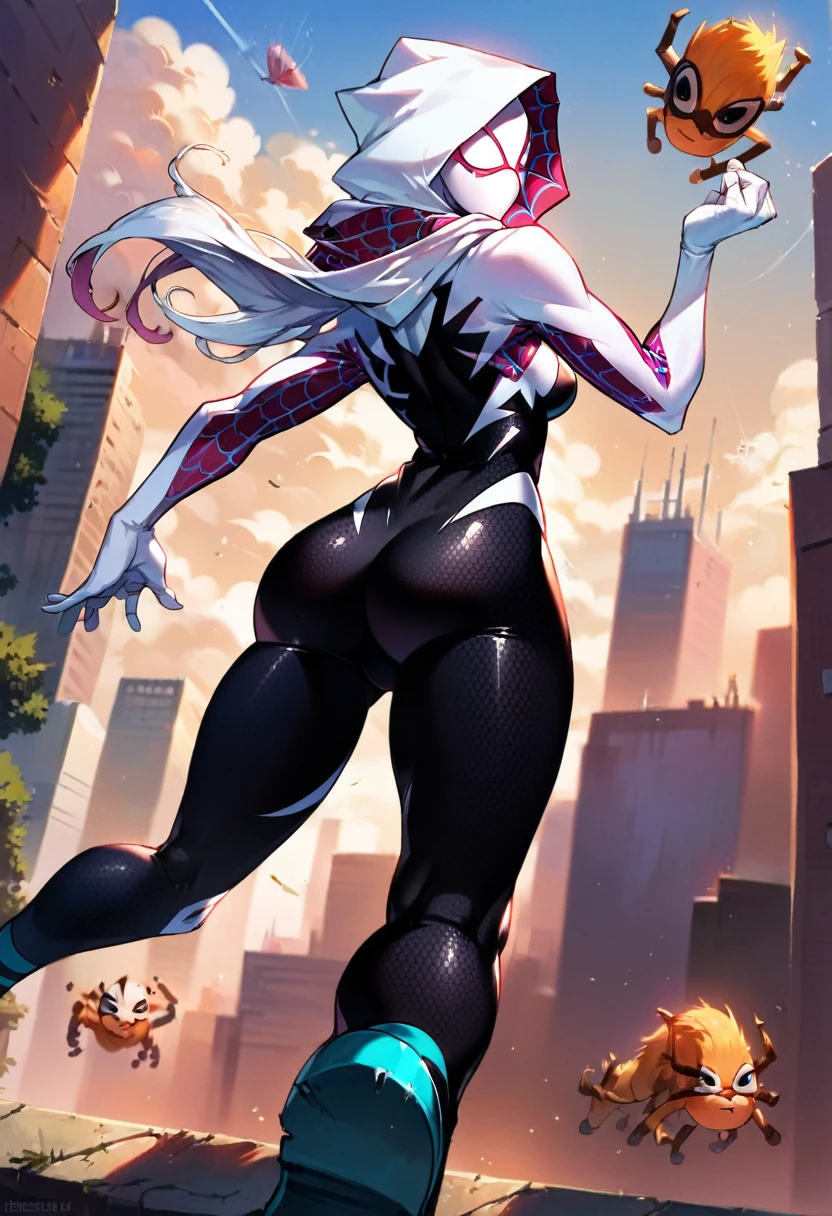 score_9, score_8_up, score_7_up, score_6_up, score_5_up, (high quality, detailed, absurdres, high resolution, masterpiece, beautiful), detailed soft lighting, rating_safe, source_cartoon, Pixar style, Spider Gwen, (wearing Spider Gwen mask and hood:1.5), action pose on rooftop, alluring, looking over the city.