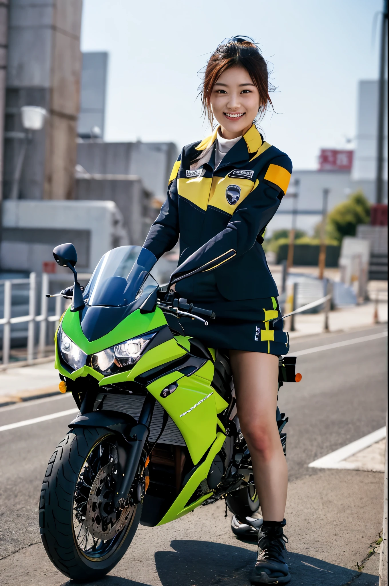 Glowing Korean beauty with cybernetic arm,(Transparent and revealing clothing:1.3, ),(Cyber Girl is、Ride through a futuristic city on a colorful, custom-painted green Kawasaki Ninja motorcycle:1.3),mini skirtを履いてバイクに跨り白いパンティが見えてます、kawasaki ninja250、Showing her white panties.、 （Ultra mini skirt:1.3）、Shiny light brown and orange striped ponytail hair,Cute Smile,Perfect round face,A bright smile that makes everyone happy,Proper body balance,Tabletop,Ultra-high quality output images,High resolution,Intricate details,Very delicate and beautiful hair,Realistic photos,dream-like,Professional Lighting,Realistic Shadows,Focus Only,Beautiful Hands,Beautiful fingers,Detailed functions of the fingers,Detailed characteristics of the garment,Detailed characteristics of hair,Detailed facial features,