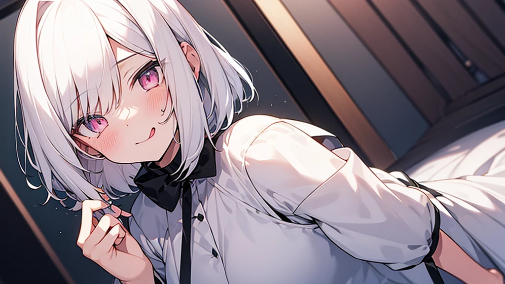 White Hair Girl、Pink Eyes、Short Hair、aloneの女の子、Night、In the bedroom、Blushing、laughing、Erotic、Stick your tongue out、alone