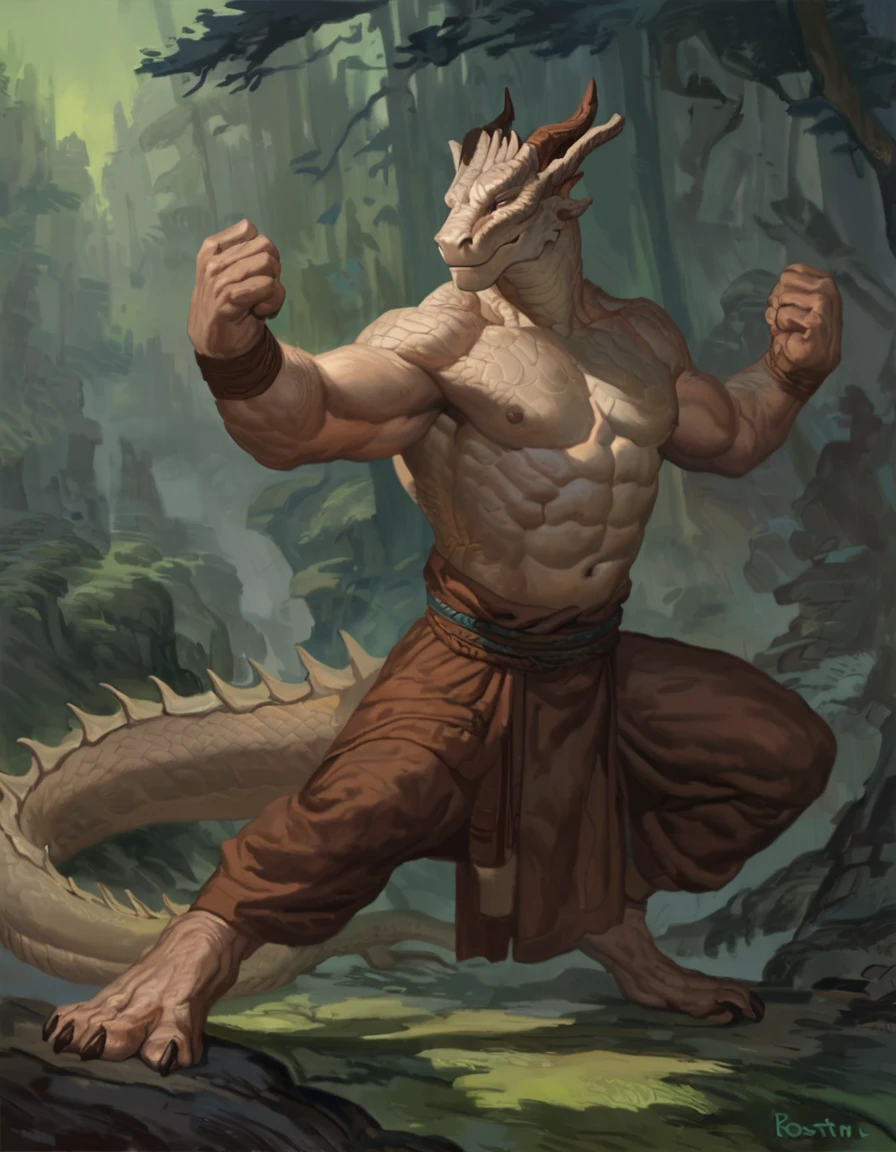 by Ruan Jia, by Rostland, Male anthropomorphic oriental dragon, Solitary, masterpiece, Best Art, Monk, forest, A proud expression, night, permanent, muscular, detailed, up to date, foot, SFW, Fighting Stance, nipple