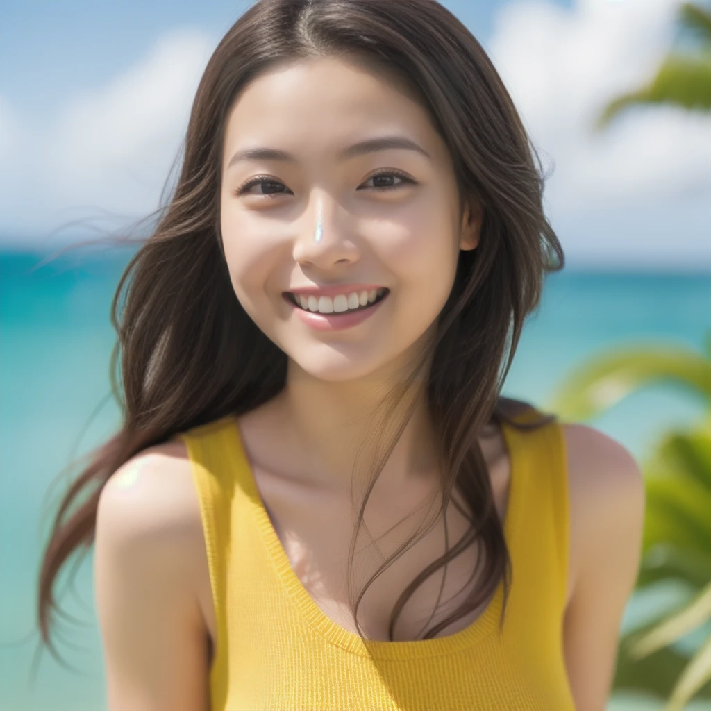 The face of a hostess、British high neck sleeveless knit、High quality、Ultra-realistic、fine、Smiling face、Slim perfect figure、Japanese beauty、 Perfect Eyes、Radiant Skin、Upper body、Tropical sea background