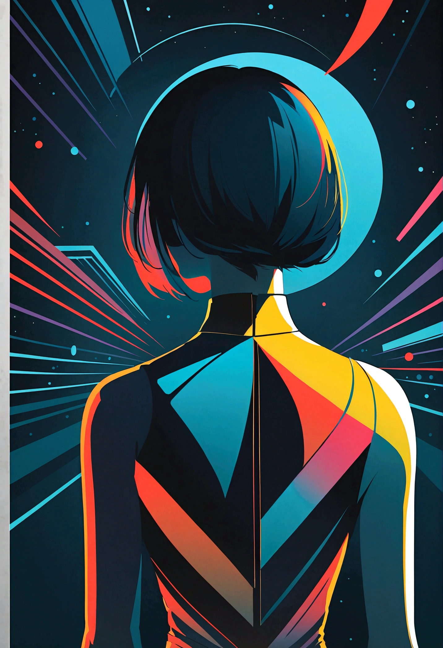 best quality, masterpiece, highres, 1girl, (Back View),space thriller movie poster, Bauhaus, shapes, lines, abstract,
