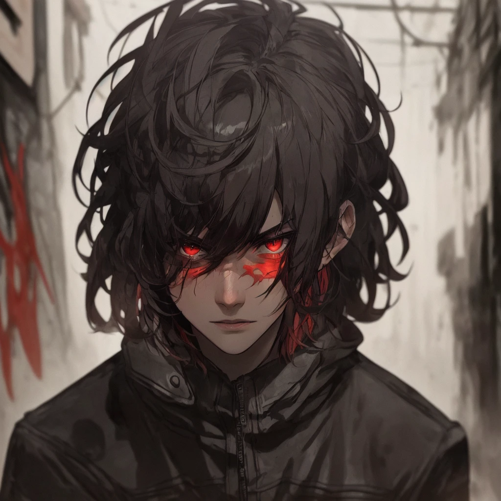 (dark shot: 1.1), epic realistic, 1male, battle scars, a sleek black jumpsuit, with a cool leather jacket, dark crimson red eyes, short spikey hair, red hood outlaw from dc, black and red color scheme, grunge aesthetics!!! graffiti tag wall background, art by Greg Rutkowski and artgerm, soft cinematic light, Adobe Lightroom, darkroom, HDR, intricate, highly detailed, (depth of field: 1.4), faded, (neutral colors: 1.2), (hdr: 1.4), (muted colors: 1.2), hyper-detail (artstation: 1.4), cinematic, warm light, dramatic light (complex details: 1.1)