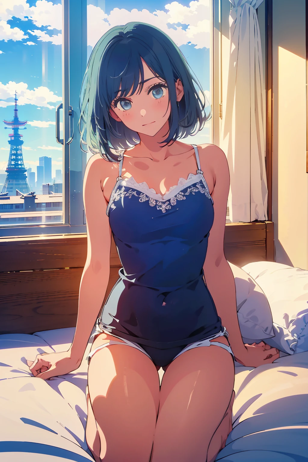 highest quality,8k,detailed,F cup bust、Very cute face、Beautiful thighs、Best Beautiful Legs、Slim and beautiful arms、Slim body、White skin、((((1 person、camisole、Sunlight on the body、On the bed、Kneeling、Lying in bed、looking at the camera、smile、smile、Tokyo buildings in the background、Hotel room))))、I can see the deep blue sky、The atmosphere is bright and lively、The woman is at the center of the image。