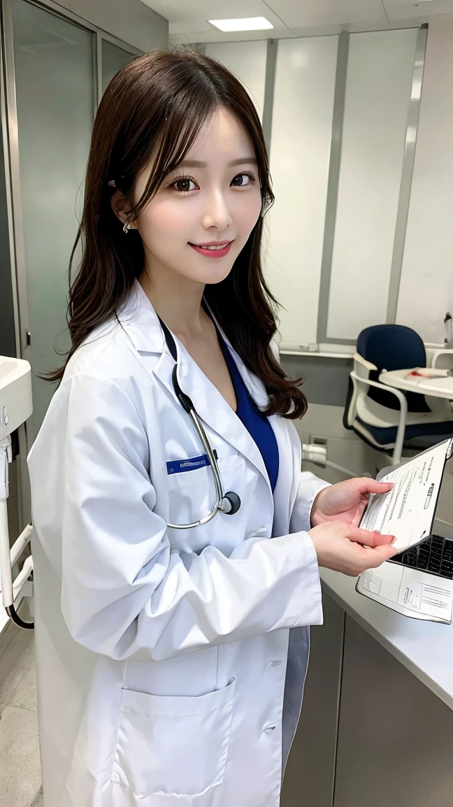 A beautiful female doctor in a white lab coat, holding a clipboard and wearing a stethoscope, standing in a modern hospital setting, with a caring smile.