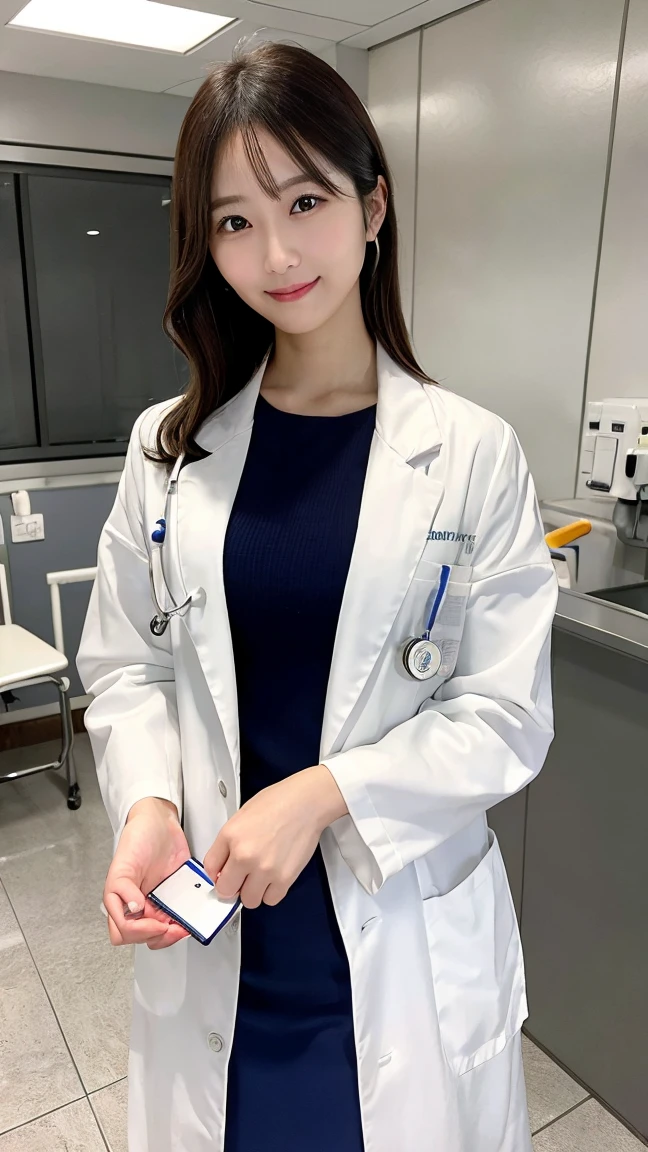 A beautiful female doctor in a white lab coat, holding a clipboard and wearing a stethoscope, standing in a modern hospital setting, with a caring smile.