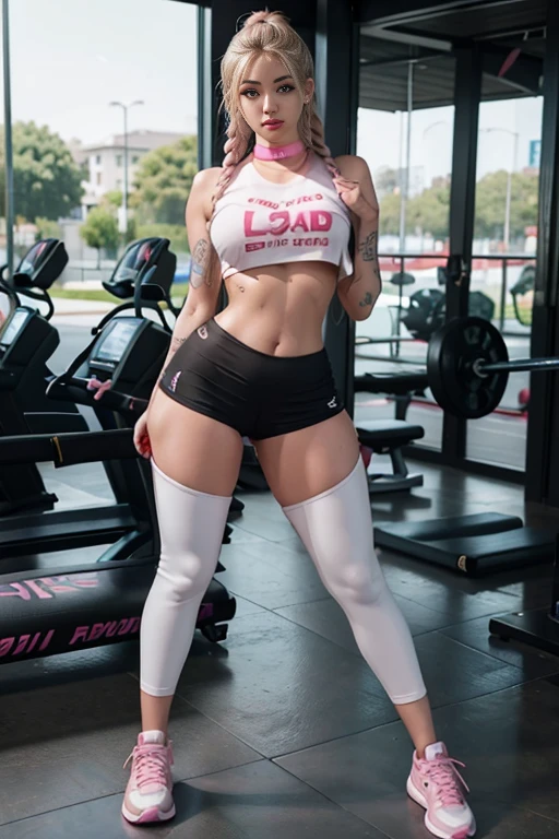 Asian girl,long lashes ,bimbo,big fake tits,narrow waist,wide hips,thick thighs,gigantic round ass,long legs,perfect abs,pink lipstick,boxer braids blonde,bronze tanned ,(clothes:crop t-shirt white,yoga pants pink,high sneakers white,choker),(location:morning,gym ),(sexy pose ),smoky eyes ,sluty makeup,(ahegao face),(high quality),(high detail),(detailed face,perfect face),(8K,UHD),(tattoo arms,tattoo chest),(full body:1.5),front view ,half face,wet body,sweat body 