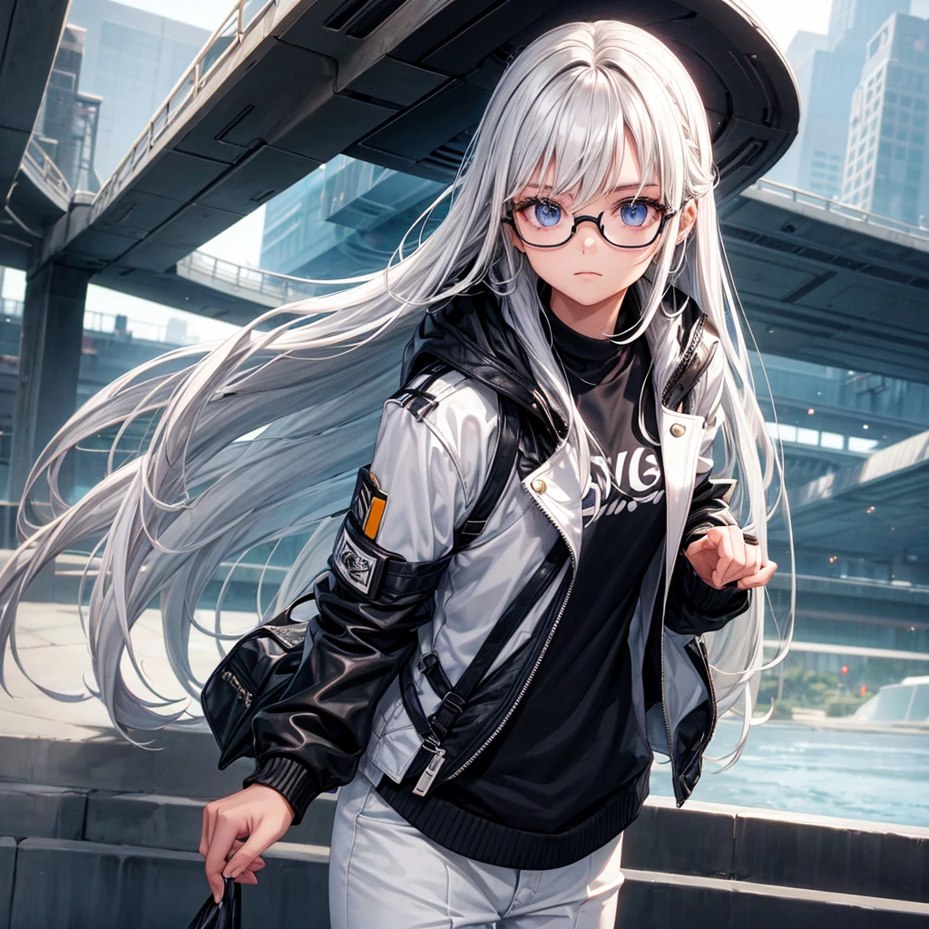 Teenage girl with long silver hair wearing black sci-fi glasses, wearing a cream jacket, white shirt and white pants.