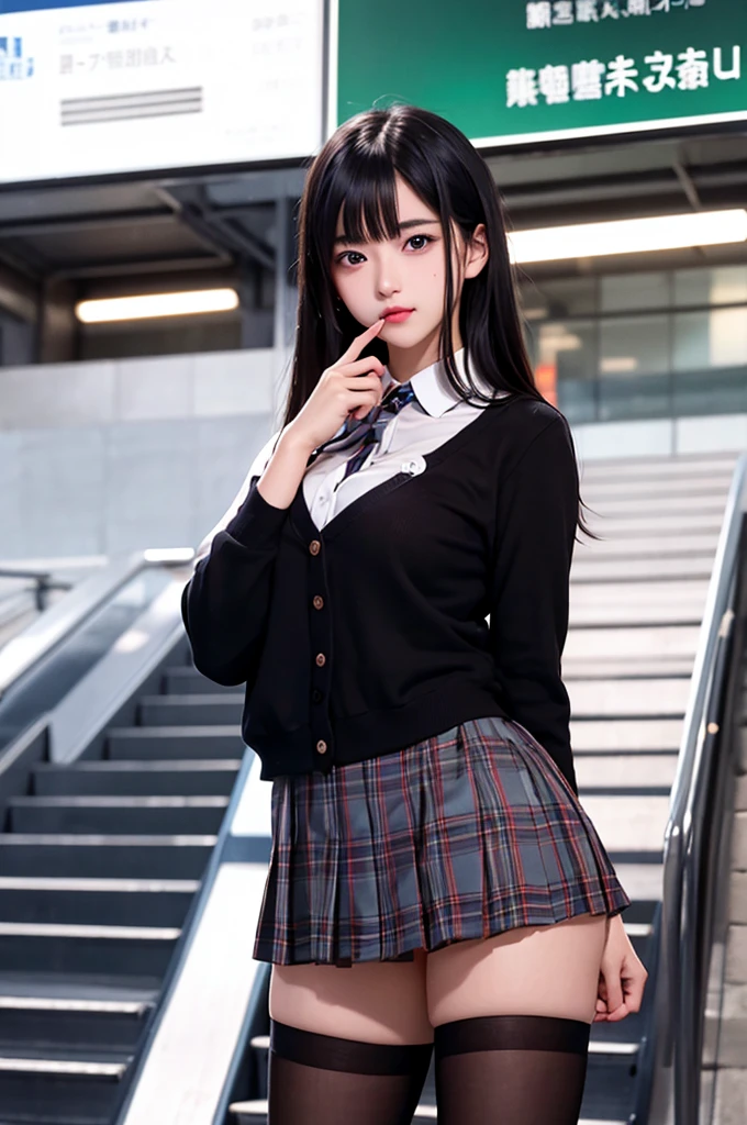 1girl,perky breasts,semi-long hair,deep black hair,straight hair,expressionless,looking back,mouth mask,perfect eyes,blue eyes,groomed eyebrows,
BREAK ,cardigan,tartan check skirt,frilled panties,upskirt,from below,
BREAK from behind,dutch angle,outdoor,station,escalator,((depth of field,portrait)),
BREAK score_9,source_anime,rating_explicit,uncensored,