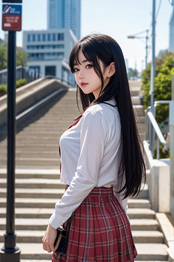 1girl,perky breasts,semi-long hair,deep black hair,straight hair,expressionless,looking back,mouth mask,perfect eyes,blue eyes,groomed eyebrows,
BREAK ,cardigan,tartan check skirt,frilled panties,upskirt,from below,
BREAK from behind,dutch angle,outdoor,station,escalator,((depth of field,portrait)),
BREAK score_9,source_anime,rating_explicit,uncensored,