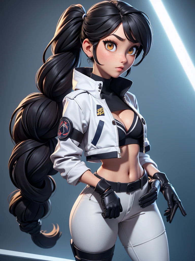 a young girl of average height with long, straight dark hair tied into twintails, golden eyes with white pupils, and a slender yet curvy body. her outfit consists of black and bra, a protective outer jacket, a neck protector, dark boots and protective gloves. Parts of her outfit are coated with blue lines. Her torso is open, revealing her entire stomach area and cleavagrousers are also exposed at the buttocks. The sf her jacket appear to be too long for the arms and the buttons are in the shap cross-like symbols.