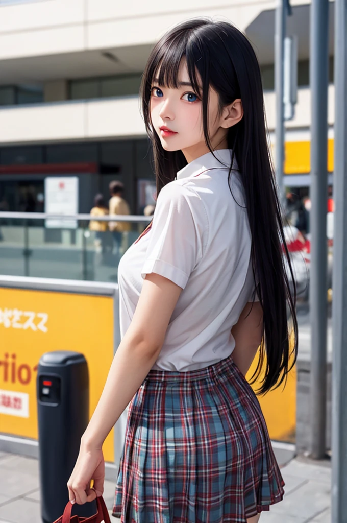 1girl,perky breasts,semi-long hair,deep black hair,straight hair,expressionless,looking back,mouth mask,perfect eyes,blue eyes,groomed eyebrows,
BREAK ,cardigan,tartan check skirt,frilled panties,upskirt,from below,
BREAK from behind,dutch angle,outdoor,station,escalator,((depth of field,portrait)),
BREAK score_9,source_anime,rating_explicit,uncensored,