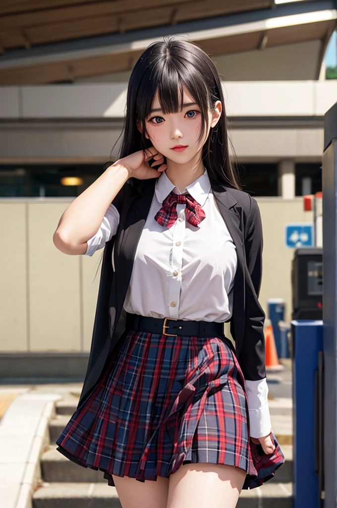 1girl,perky breasts,semi-long hair,deep black hair,straight hair,expressionless,looking back,mouth mask,perfect eyes,blue eyes,groomed eyebrows,
BREAK ,cardigan,tartan check skirt,frilled panties,upskirt,from below,
BREAK from behind,dutch angle,outdoor,station,escalator,((depth of field,portrait)),
BREAK score_9,source_anime,rating_explicit,uncensored,