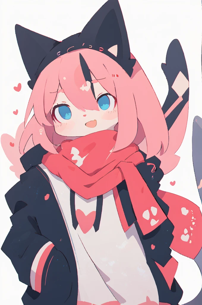 Blank Background，Pink Hair、Blue eyes、Anime character wearing a pink scarf, high quality Anime art style, [[[[smile evilly]]]], stylized anime, cute Anime catgirl, Anime style. 8K, Anime cute art style, Anime cat, anime stylization, Zero Art, Anime art style, Lovely characters, Anime catgirl