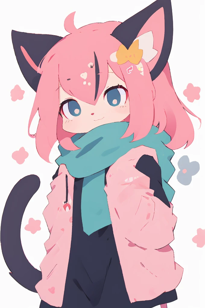 Blank Background，Pink Hair、Blue eyes、Anime character wearing a pink scarf, high quality Anime art style, [[[[smile evilly]]]], stylized anime, cute Anime catgirl, Anime style. 8K, Anime cute art style, Anime cat, anime stylization, Zero Art, Anime art style, Lovely characters, Anime catgirl