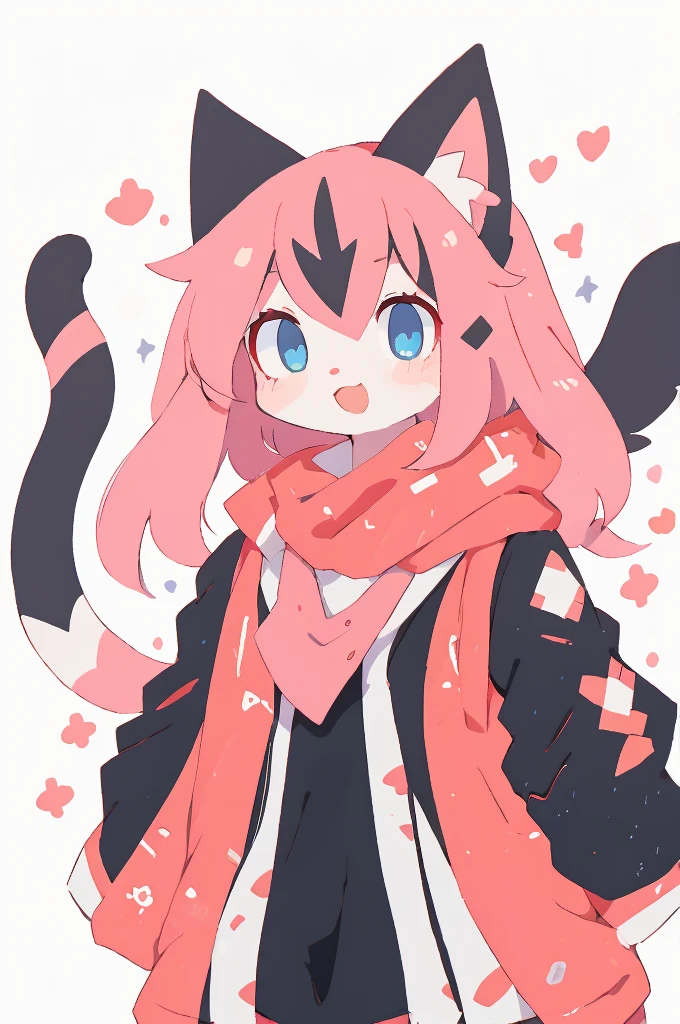 Blank Background，Pink Hair、Blue eyes、Anime character wearing a pink scarf, high quality Anime art style, [[[[smile evilly]]]], stylized anime, cute Anime catgirl, Anime style. 8K, Anime cute art style, Anime cat, anime stylization, Zero Art, Anime art style, Lovely characters, Anime catgirl