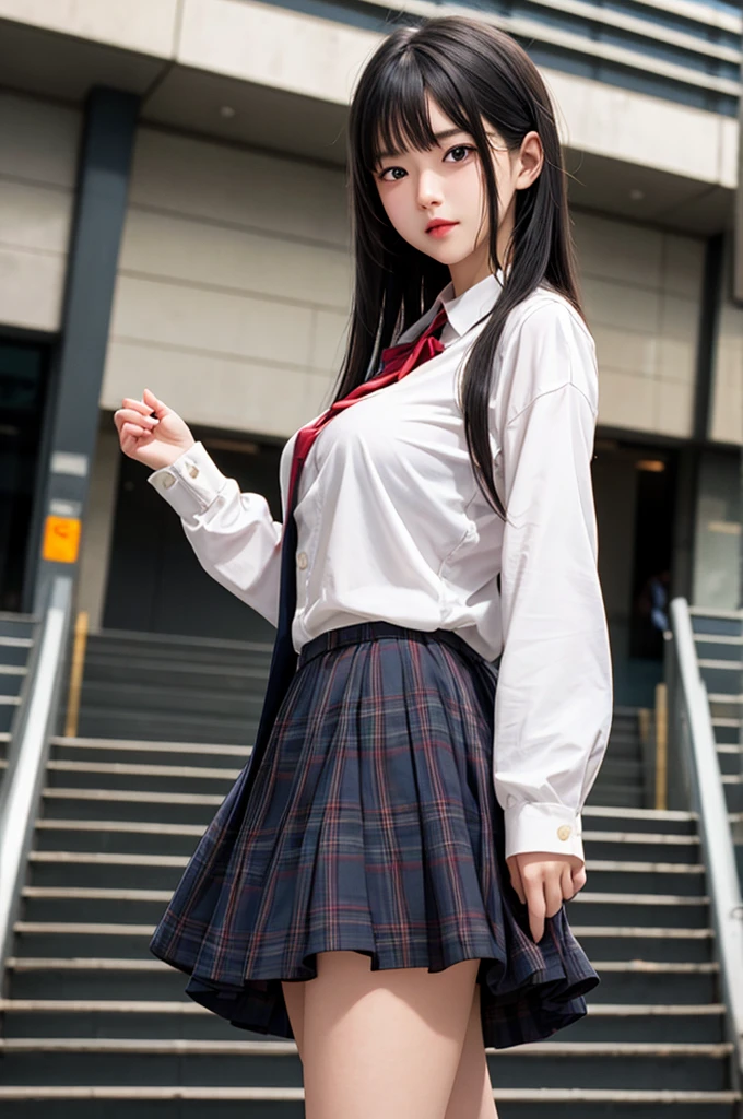 1girl,perky breasts,semi-long hair,deep black hair,straight hair,expressionless,looking back,mouth mask,perfect eyes,blue eyes,groomed eyebrows,
BREAK ,cardigan,tartan check skirt,frilled panties,upskirt,from below,
BREAK from behind,dutch angle,outdoor,station,escalator,((depth of field,portrait)),
BREAK score_9,source_anime,rating_explicit,uncensored,