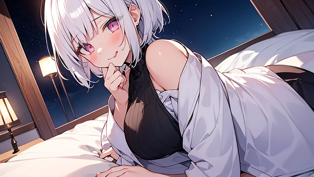 White Hair Girl、Pink Eyes、Short Hair、aloneの女の子、Night、In the bedroom、Blushing、laughing、Erotic、Stick your tongue out、alone