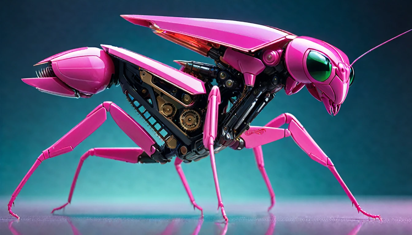 Futuristic Macro Photography of mantis, Demonstrating complex mechanical parts, With glowing pink trim, Full body composition, High-tech schematic background, Under soft studio lighting, Shooting from top to bottom, On a Canon EOS 5D Mark IV with a 100mm macro lens, Syd Mead Style.