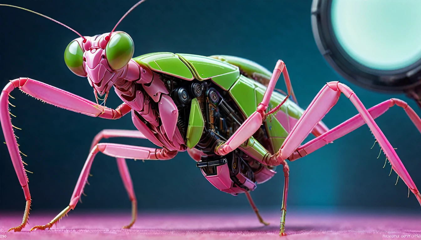 Futuristic Macro Photography of mantis, Demonstrating complex mechanical parts, With glowing pink trim, Full body composition, High-tech schematic background, Under soft studio lighting, Shooting from top to bottom, On a Canon EOS 5D Mark IV with a 100mm macro lens, Syd Mead Style.