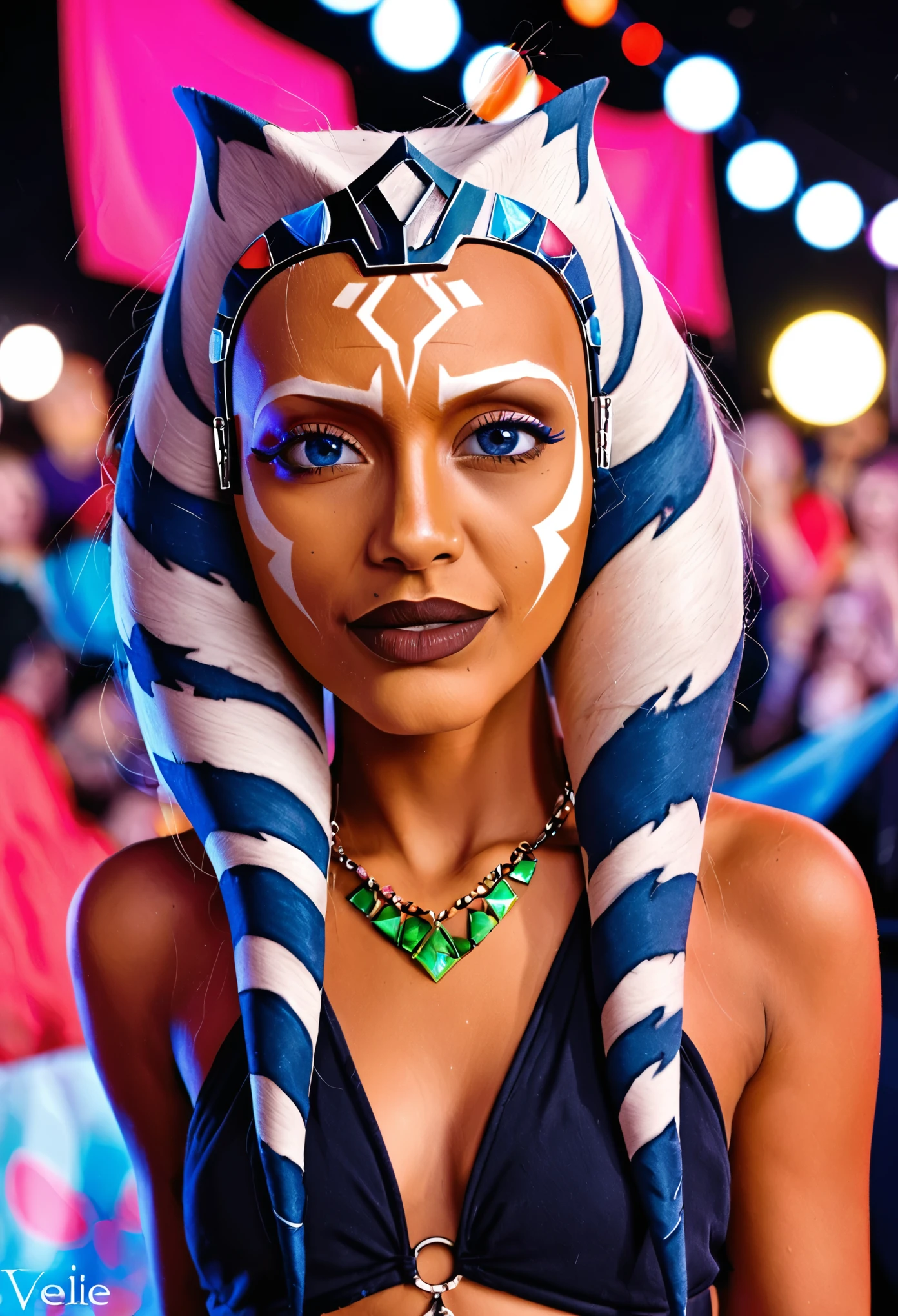 1 girl,Ahsoka Tano, half body portrait,movie shoot, in iceland, in rave music festival, evlie, 18 years old,
