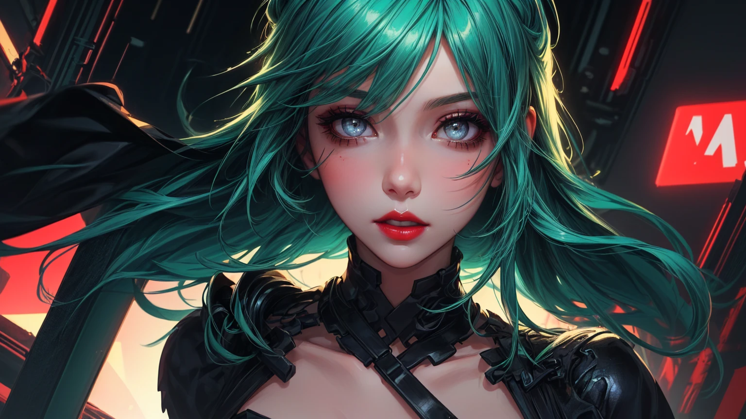 nime girl with green hair and grey eyes in a dark room, artwork in the style of guweiz, guweiz, anime style 4 k, digital cyberpunk anime art, guweiz masterpiece, guweiz on artstation pixiv, guweiz on pixiv artstation, anime art wallpaper 8 k, anime art wallpaper 4 k ,red lips, Black eyeshadow around the eyelid, black dress