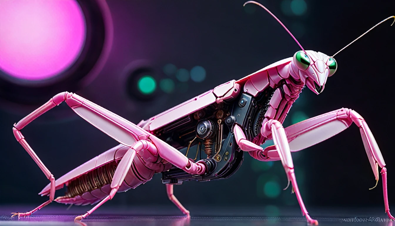 Futuristic Macro Photography of mantis, Demonstrating complex mechanical parts, With glowing pink trim, Full body composition, High-tech schematic background, Under soft studio lighting, Shooting from top to bottom, On a Canon EOS 5D Mark IV with a 100mm macro lens, Syd Mead Style.
