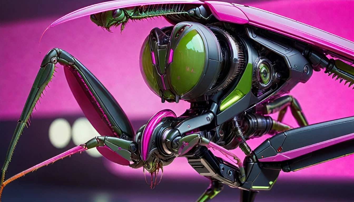 Futuristic Macro Photography of mantis, Demonstrating complex mechanical parts, With glowing pink trim, Full body composition, High-tech schematic background, Under soft studio lighting, Shooting from top to bottom, On a Canon EOS 5D Mark IV with a 100mm macro lens, Syd Mead Style.